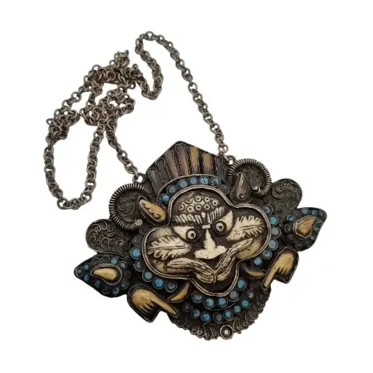 Tibetan nepal carved zeeba necklace, amulet with turquoises, kirtimukha.