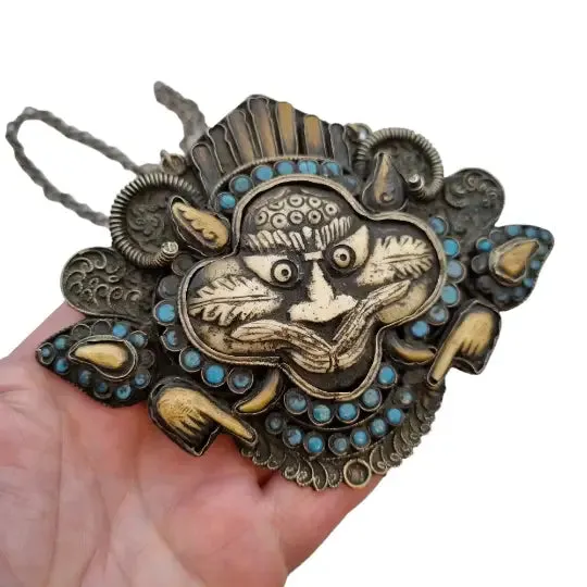 Tibetan nepal carved zeeba necklace, amulet with turquoises, kirtimukha.