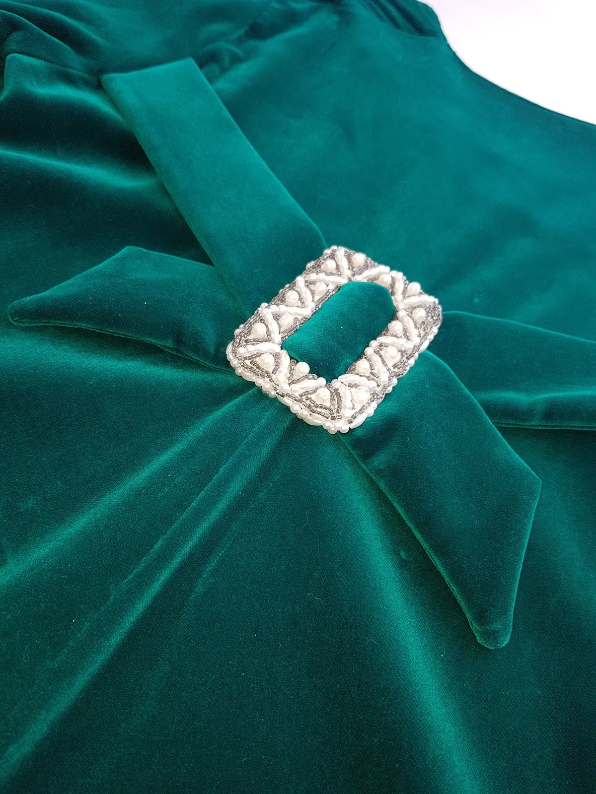 Unbelievable 1920s Peacock Green Bridal Quality Velvet Floor Length Opera Coat - Romantic Sleeves - Ornate Pearl Buckle & Bow - Unworn Condition