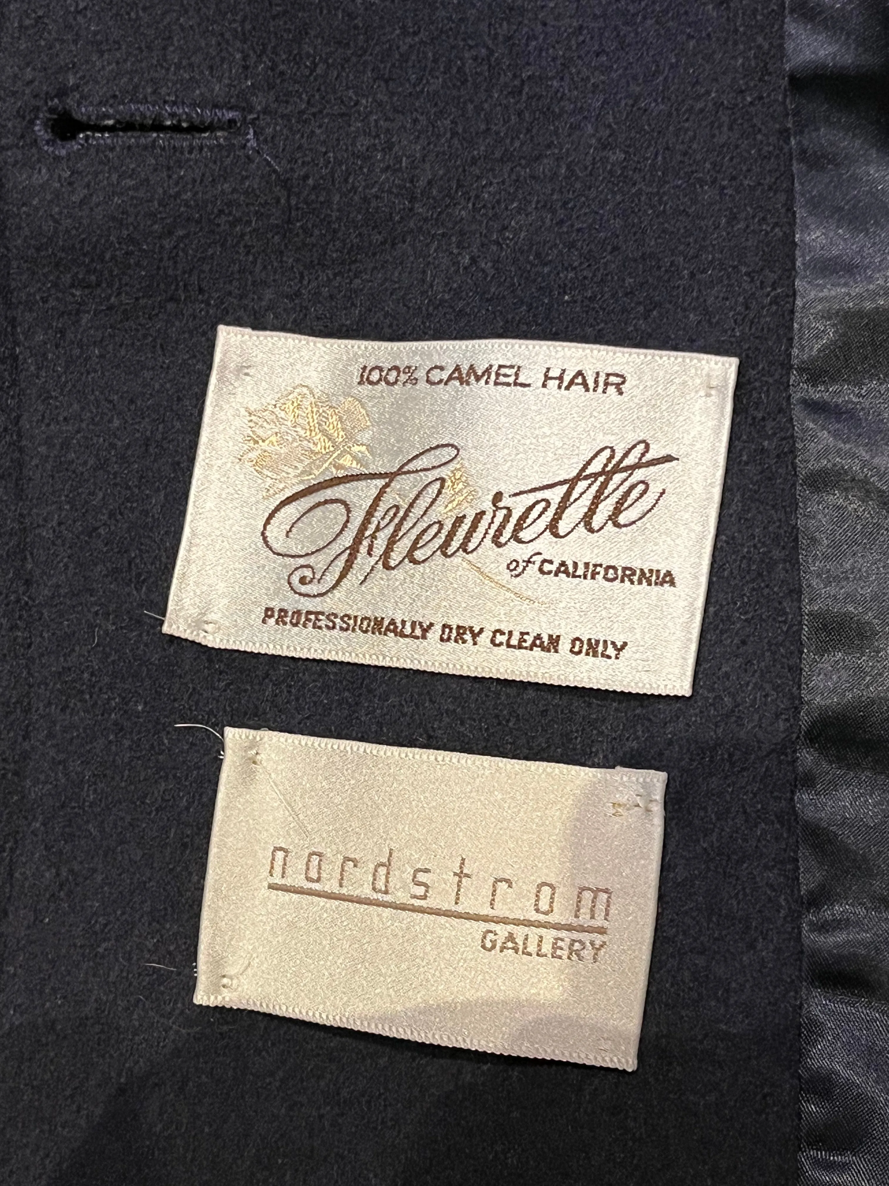 Vintage Fleurette of California Navy Camel Hair Coat, Union Made in USA, Chest 41”