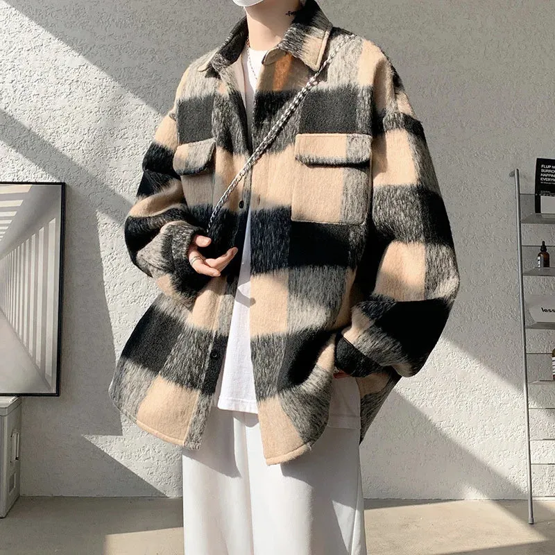 Wiaofellas  -  Winter Woolen Coat Men Warm Retro Thick Plaid Woolen Jacket Men Streetwear Korean Loose Short Woolen Coat Mens Thicken Jackets