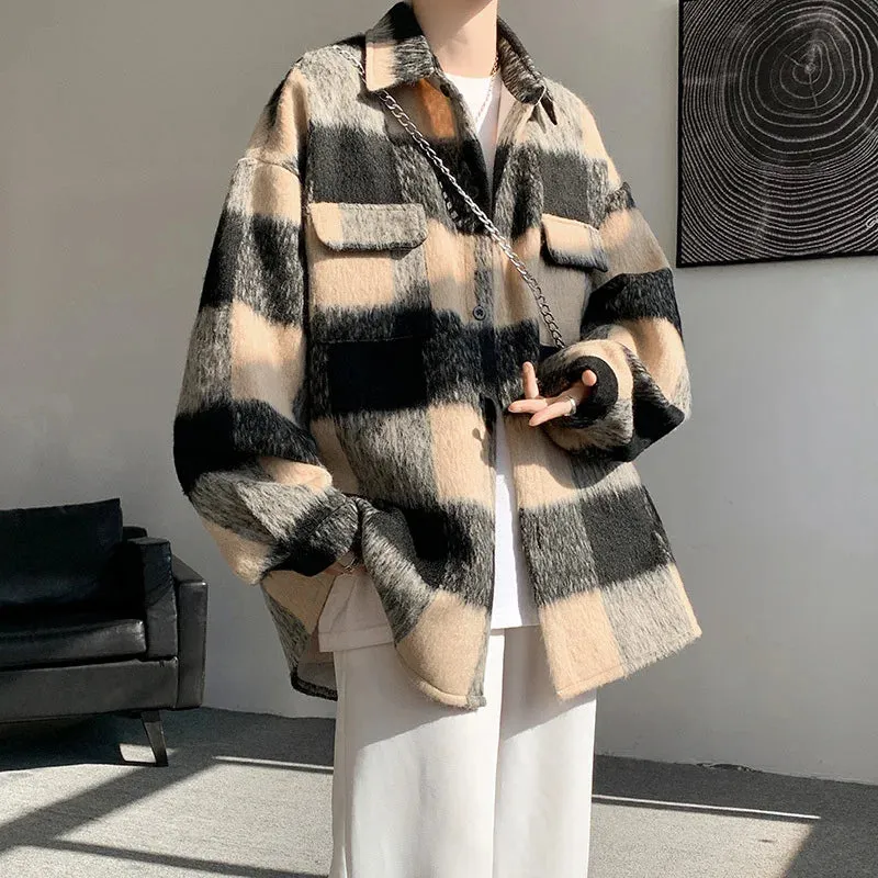 Wiaofellas  -  Winter Woolen Coat Men Warm Retro Thick Plaid Woolen Jacket Men Streetwear Korean Loose Short Woolen Coat Mens Thicken Jackets