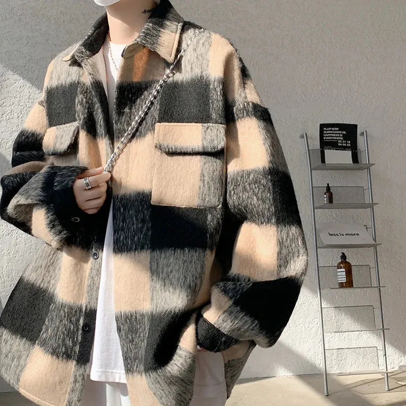 Wiaofellas  -  Winter Woolen Coat Men Warm Retro Thick Plaid Woolen Jacket Men Streetwear Korean Loose Short Woolen Coat Mens Thicken Jackets