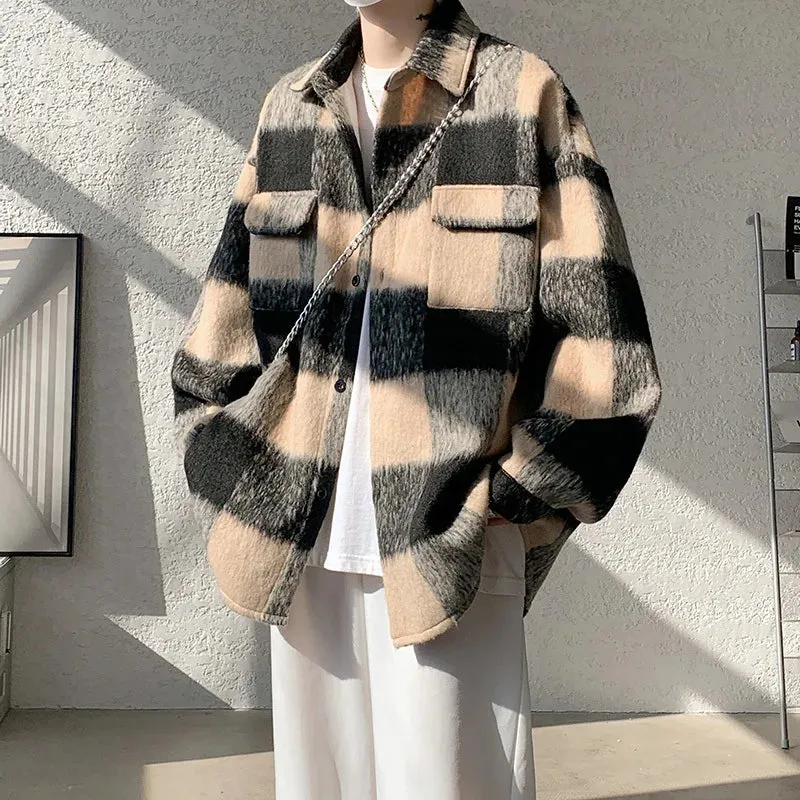 Wiaofellas  -  Winter Woolen Coat Men Warm Retro Thick Plaid Woolen Jacket Men Streetwear Korean Loose Short Woolen Coat Mens Thicken Jackets