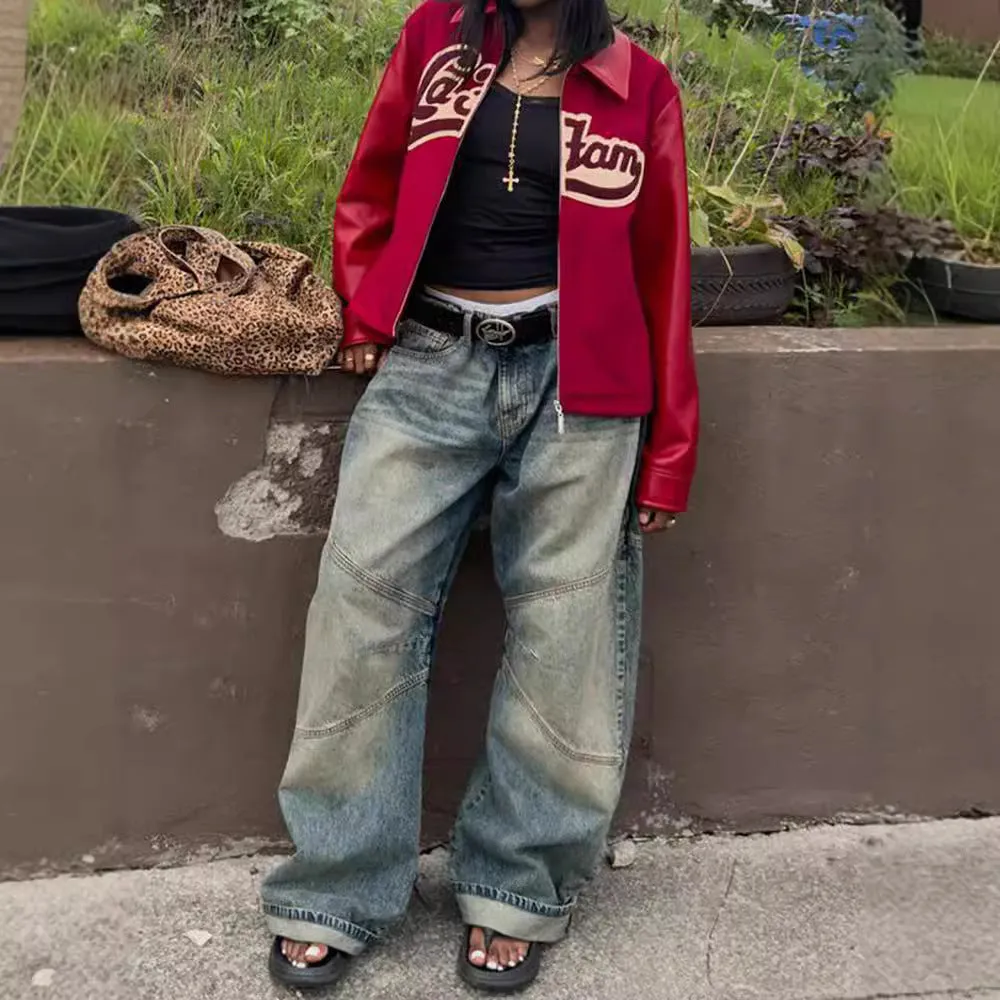 Wjczt 90s streetwear 2024 Spring and Autumn New Retro Lapel Letter Printed Coat Jacket Baseball Uniform Personalized Street