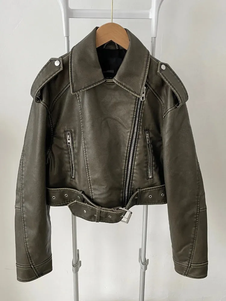 Wjczt  New Spring Autumn Women Vintage Loose Faux Leather Jacket with Belt Streetwear Lapel Short Pu Coat Moto Biker Outwear